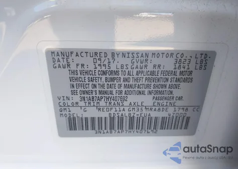 2017 Nissan Sentra S z USA, uszkodzony, nr VIN 3N1AB7AP7HY407692